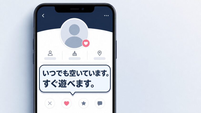 いつでも空いています。すぐ遊べます。というプロフィール文が表示されたマッチングアプリの画面