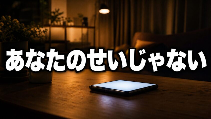 夜の部屋に置かれた光るスマホ「あなたのせいじゃない」