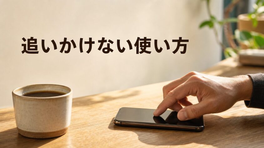 カフェでスマホをゆったり操作する手元「追いかけない使い方」