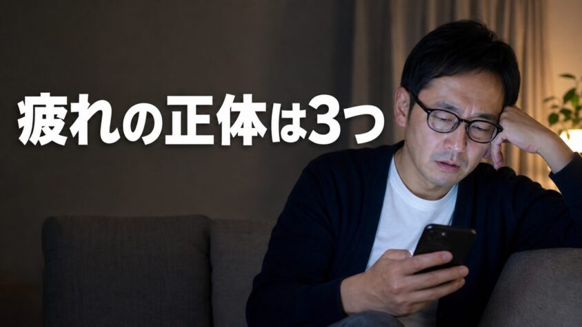 夜にスマホを見て疲れた表情の40代男性「疲れの正体は3つ」